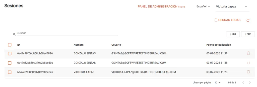Sesiones activas STELA panel de administracion