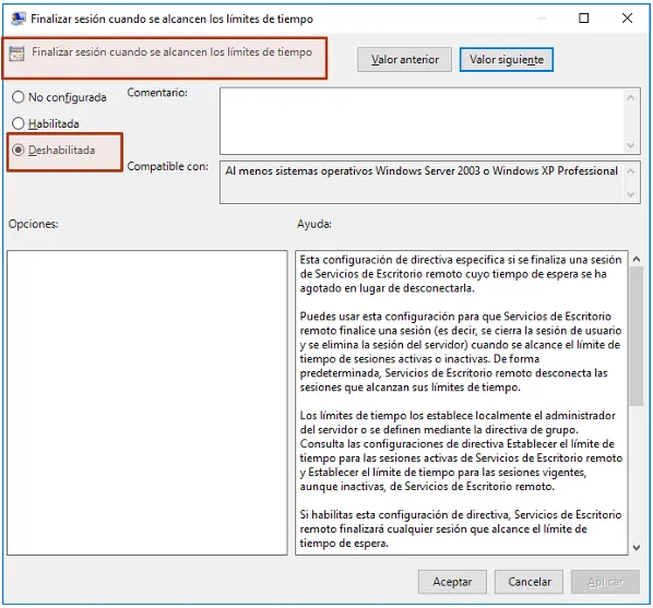 Editor Directiva equipo local- Límites de tiempo