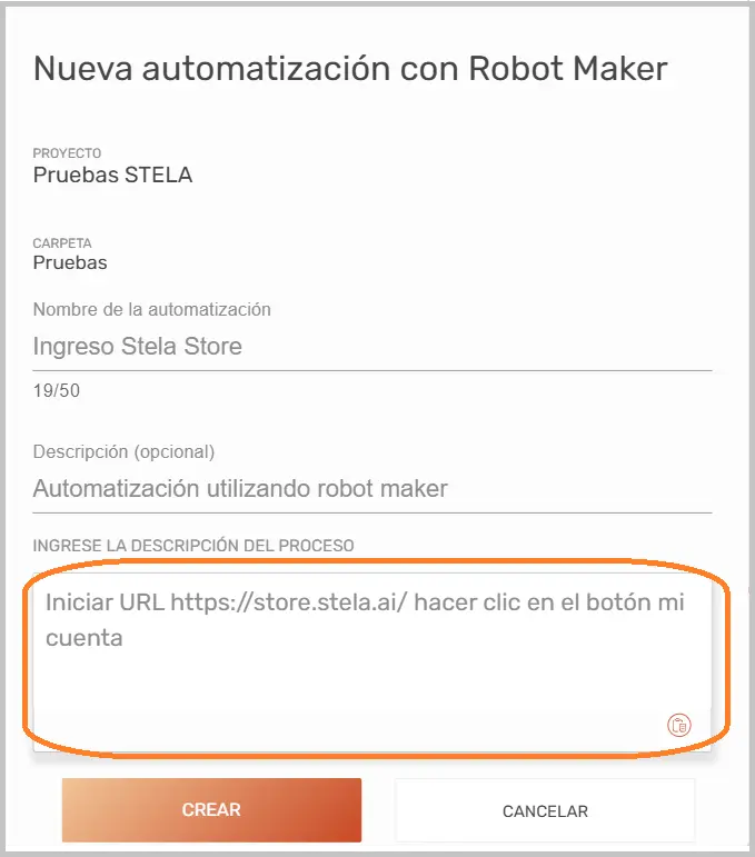 Ejemplo crear automatización robot maker STELA