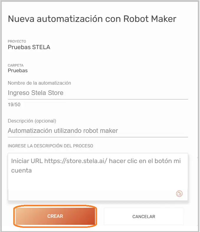 Ejemplo crear automatización robot maker STELA