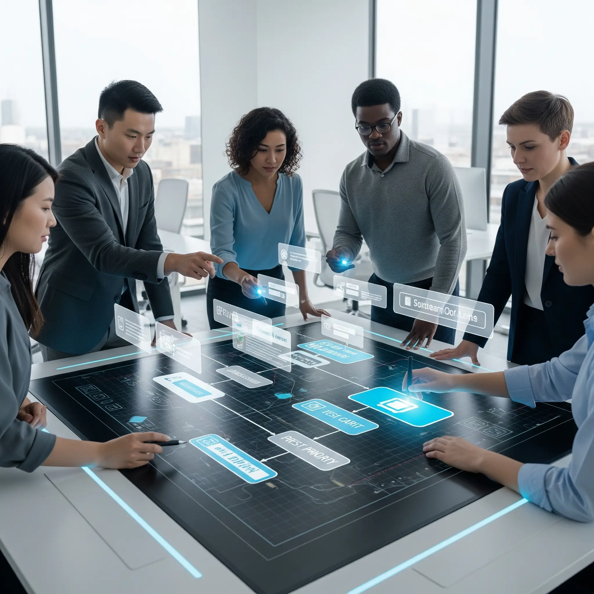 Un equipo de QA analizando un flujo de trabajo para seleccionar casos para pruebas de regresión para automatizar con STELA.