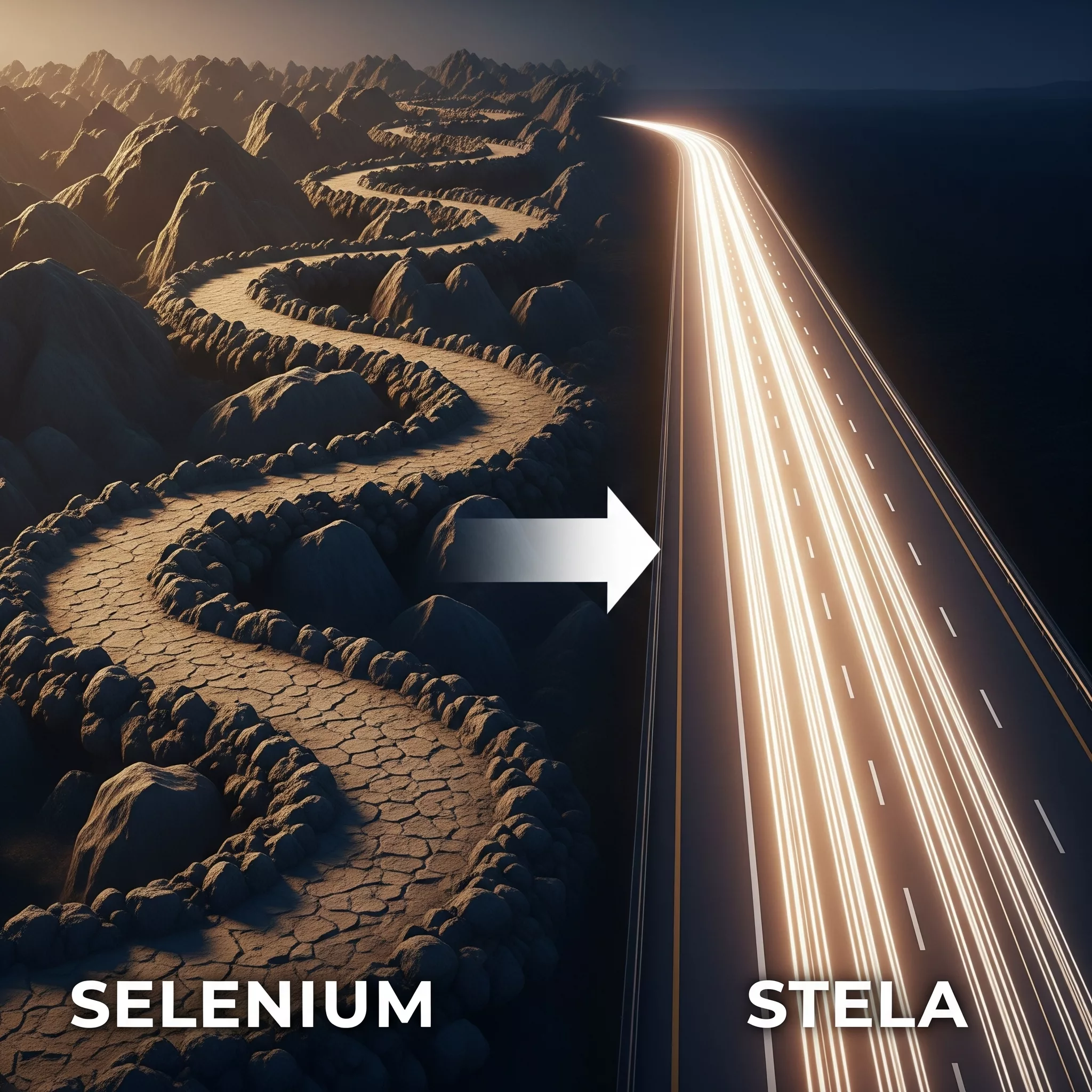 Diagrama comparativo de STELA vs Selenium mostrando las ventajas de la automatización no-code sobre la basada en código.