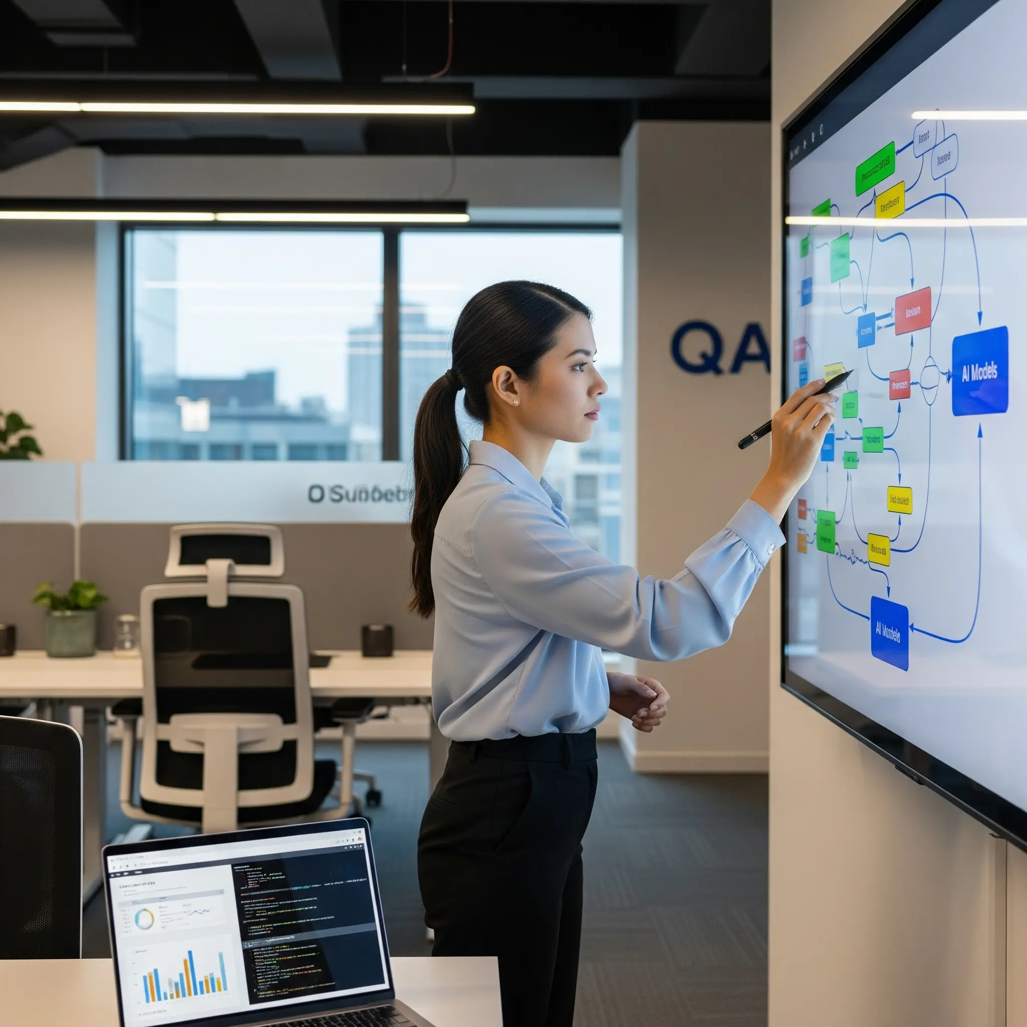 QA professional analyzing an AI test automation workflow diagram on a computer screen using STELA