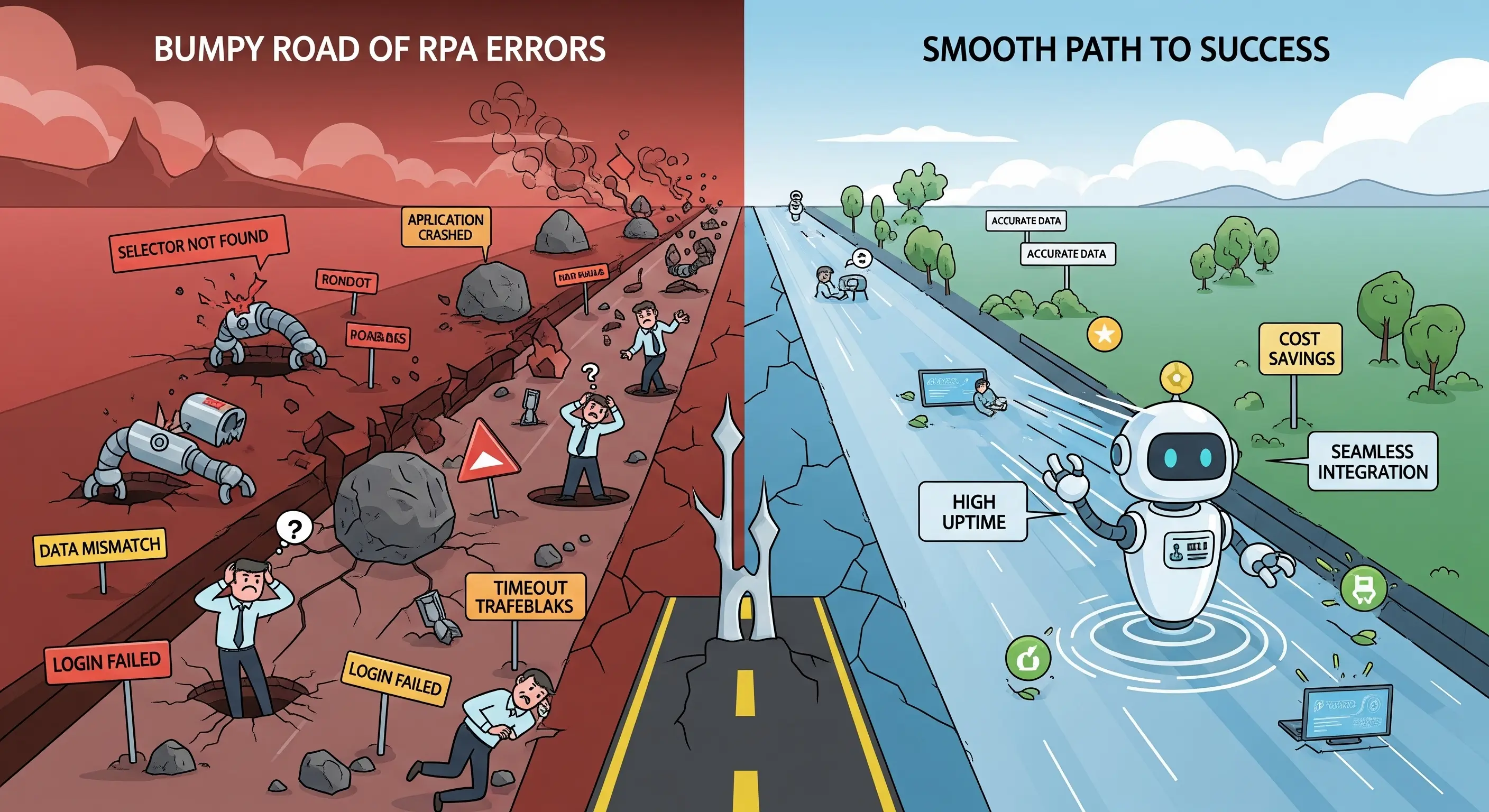 Diagram showing the common mistakes in RPA implementation versus the clear path to success
