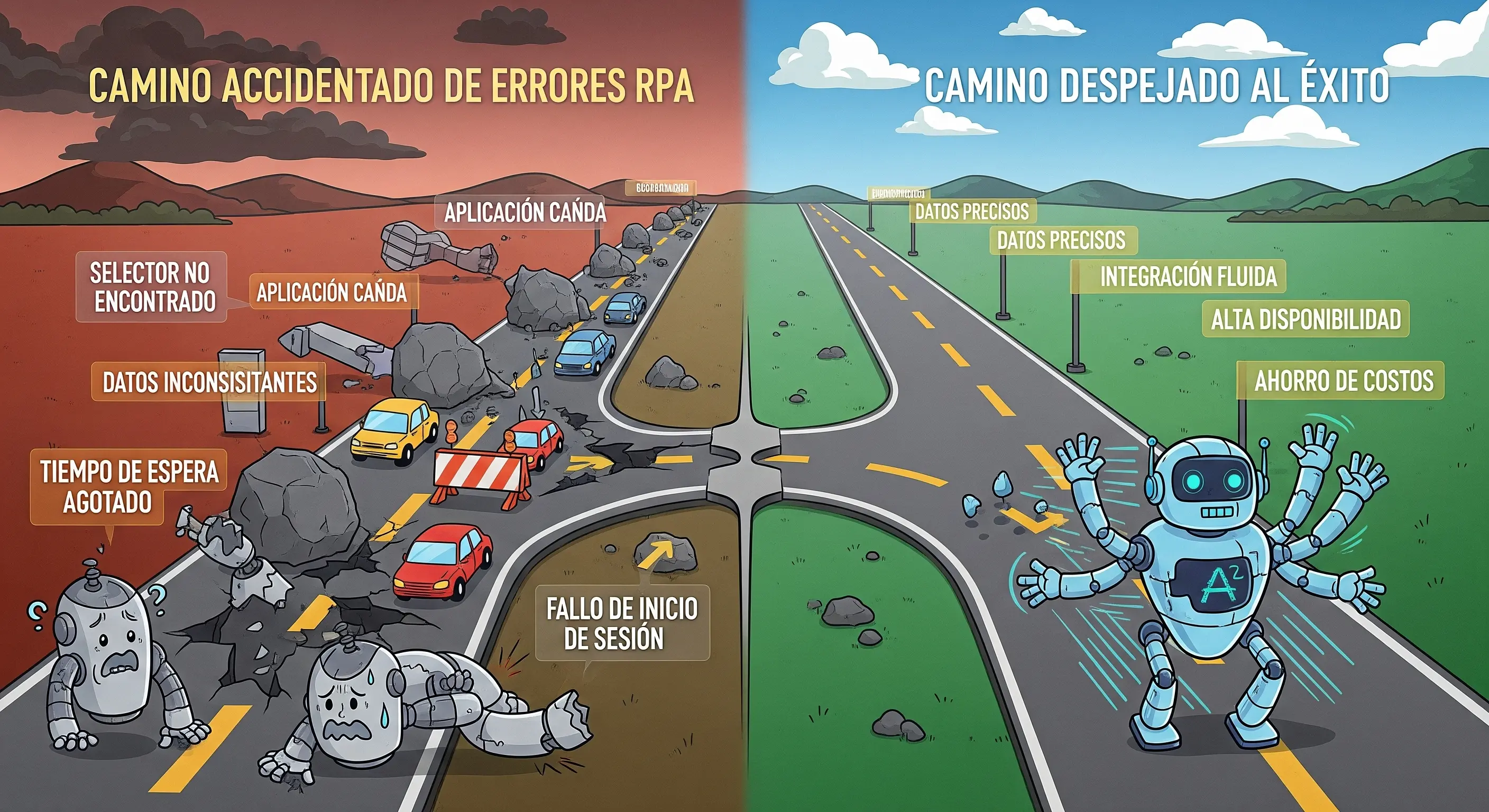 Diagrama que muestra los errores comunes al implementar RPA y el camino hacia el éxito.