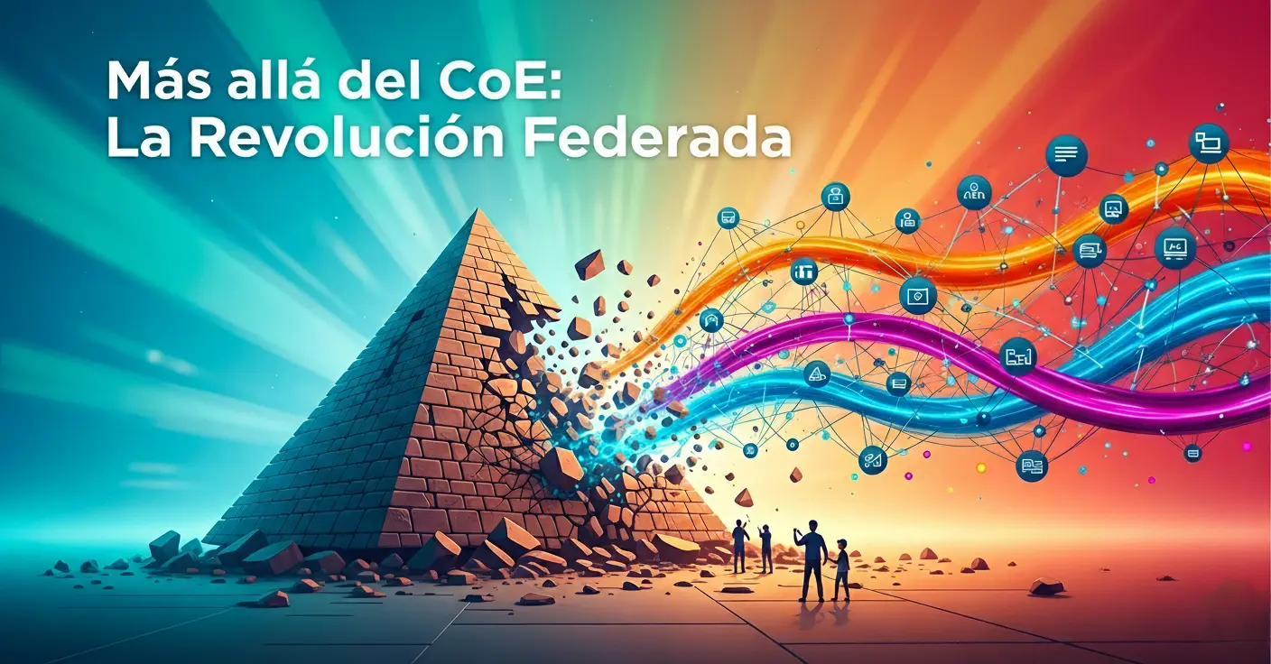 Una pirámide, que representa el control centralizado de un CoE de RPA, se transforma en una red dinámica. Esta evolución simboliza la agilidad y democratización del nuevo Modelo Federado RPA.