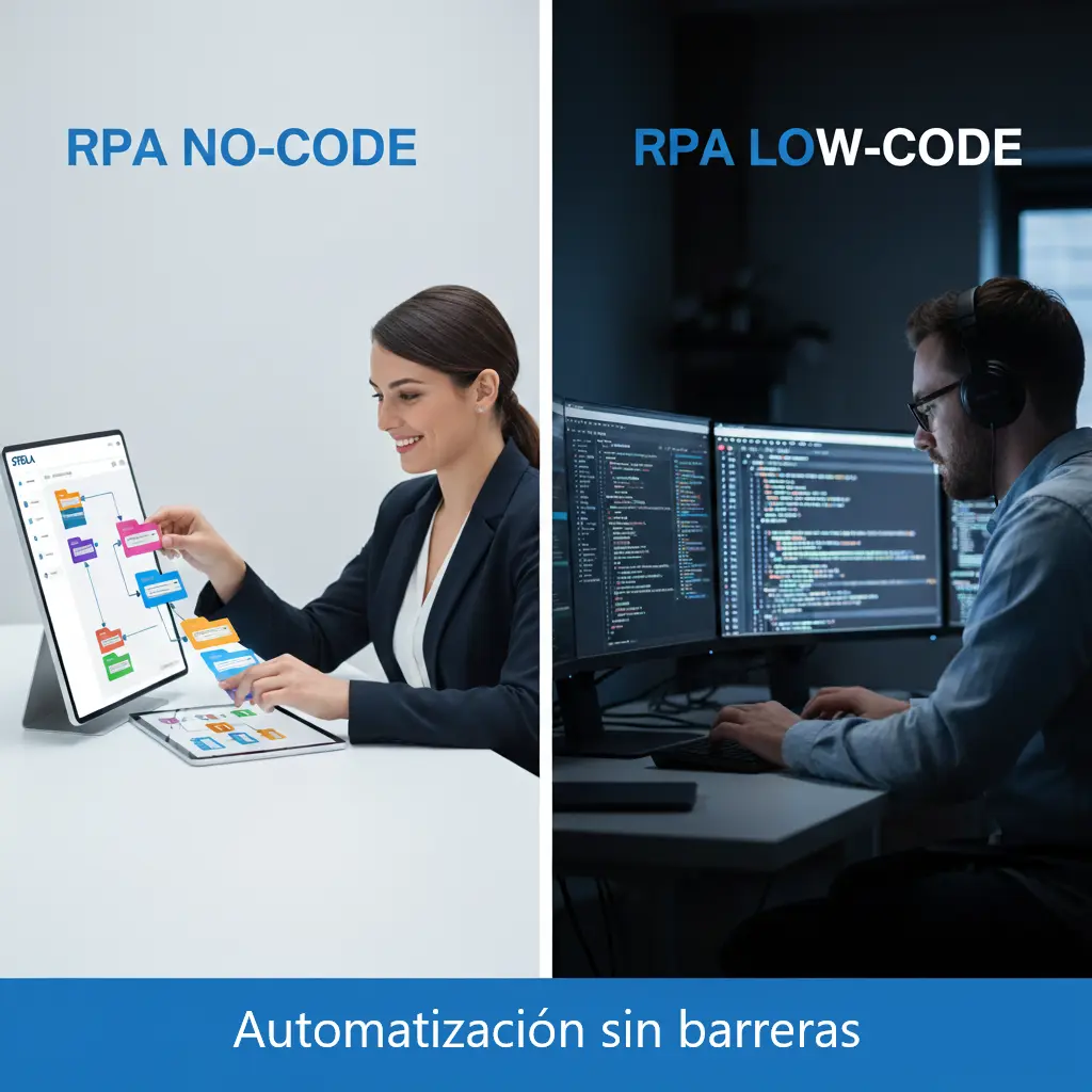 Una persona de negocios sin conocimientos técnicos construyendo un flujo de automatización en una interfaz visual de STELA, contrastando con la imagen compleja de un programador escribiendo código. El concepto es RPA No-Code vs. Low-Code.