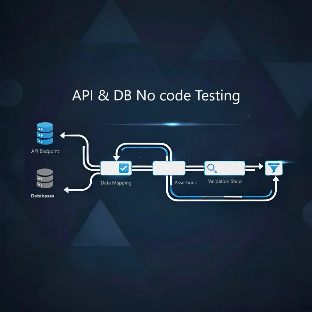 Visual representation of a data flow connecting a server (API), an SQL database, and a user interface, all simplified by a no-code interface and no-code API and database testing.