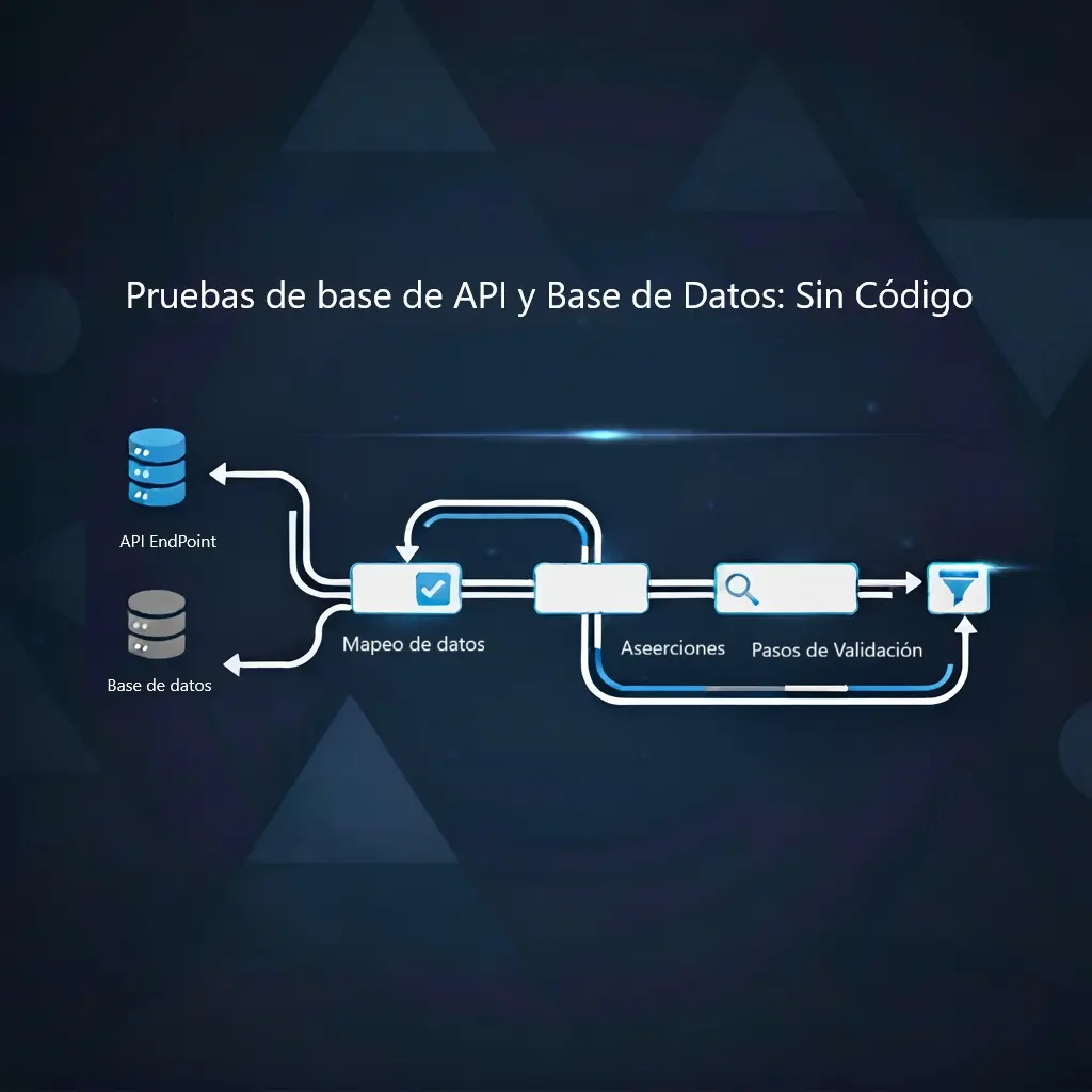 Representación visual de un flujo de datos conectando un servidor (API), una base de datos SQL y una interfaz de usuario, simplificado por una interfaz no-code y la automatización de pruebas API sin código.
