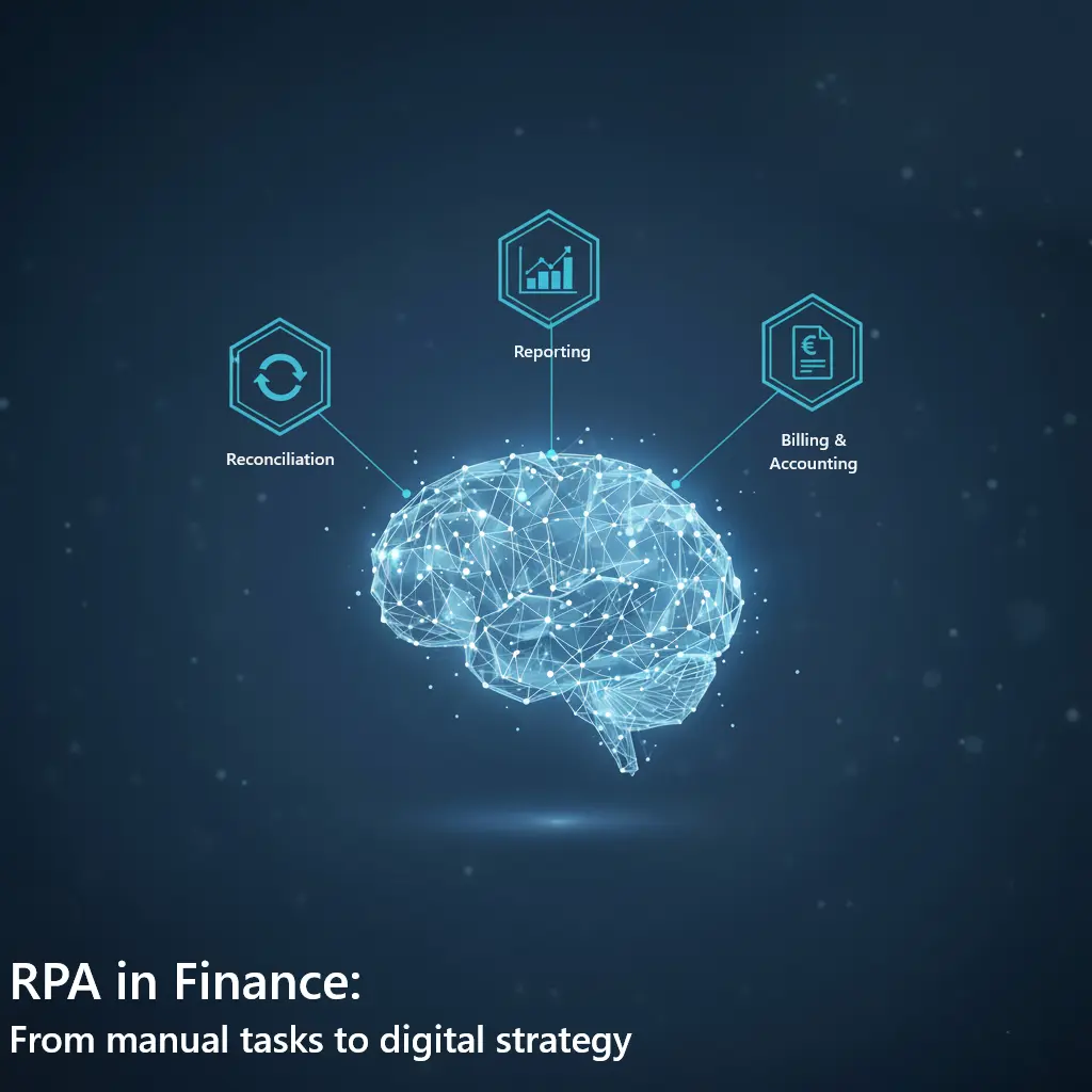 Representation of STELA's financial reconciliation process with automated data flows, capturing accounting, reporting, billing, and bookkeeping data.