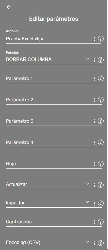 xlsFx Borrar Columna parametros