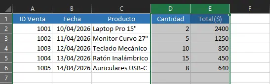 xlsFx Excel ejemplo Insertar Columna