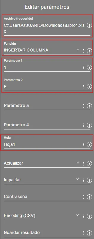 xlsFx ejemplo insertar columna parametros diligenciados