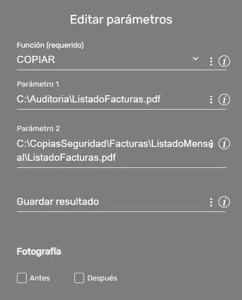 Comando FileFx ejemplo parámetros STELA