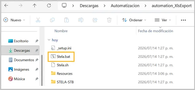 Comando XlsExport Ejecutar STELA.BAT
