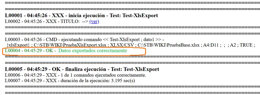 Comando XlsExport logs1 STELA