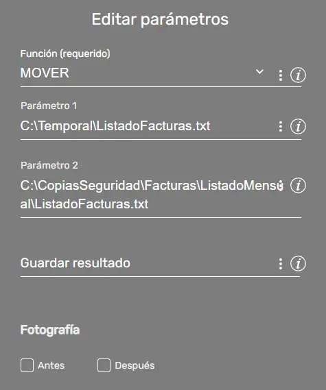 Comando FileFx Parámetros ejemplo STELA