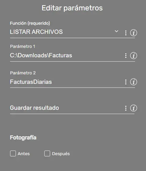 Comando FileFX ejemplo parámetros STELA