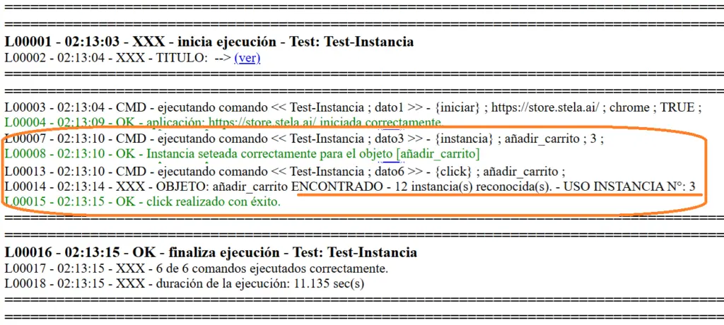 Comando instancia ejemplo log STELA